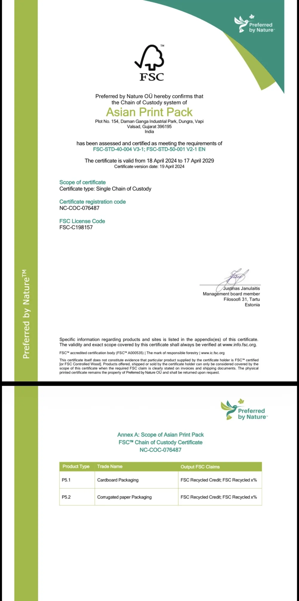 FSC certification held by Asian Packaging Industries