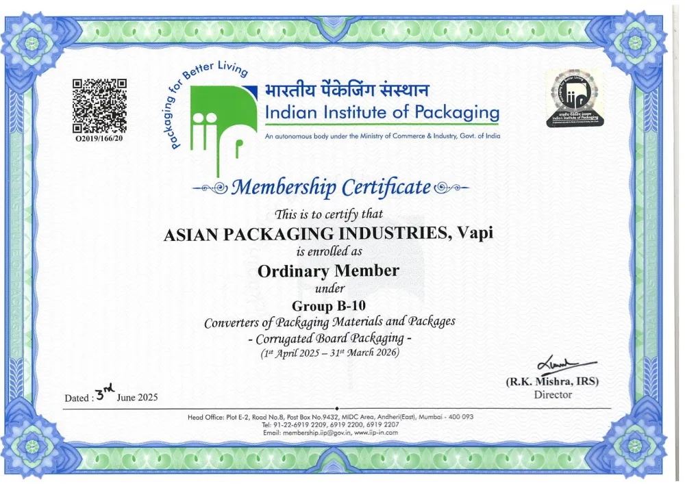 Indian Institute of Packaging membership certificate