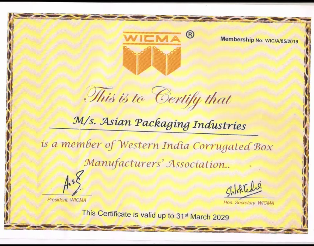 WICMA membership certificate — Western India Corrugated Manufacturers Association